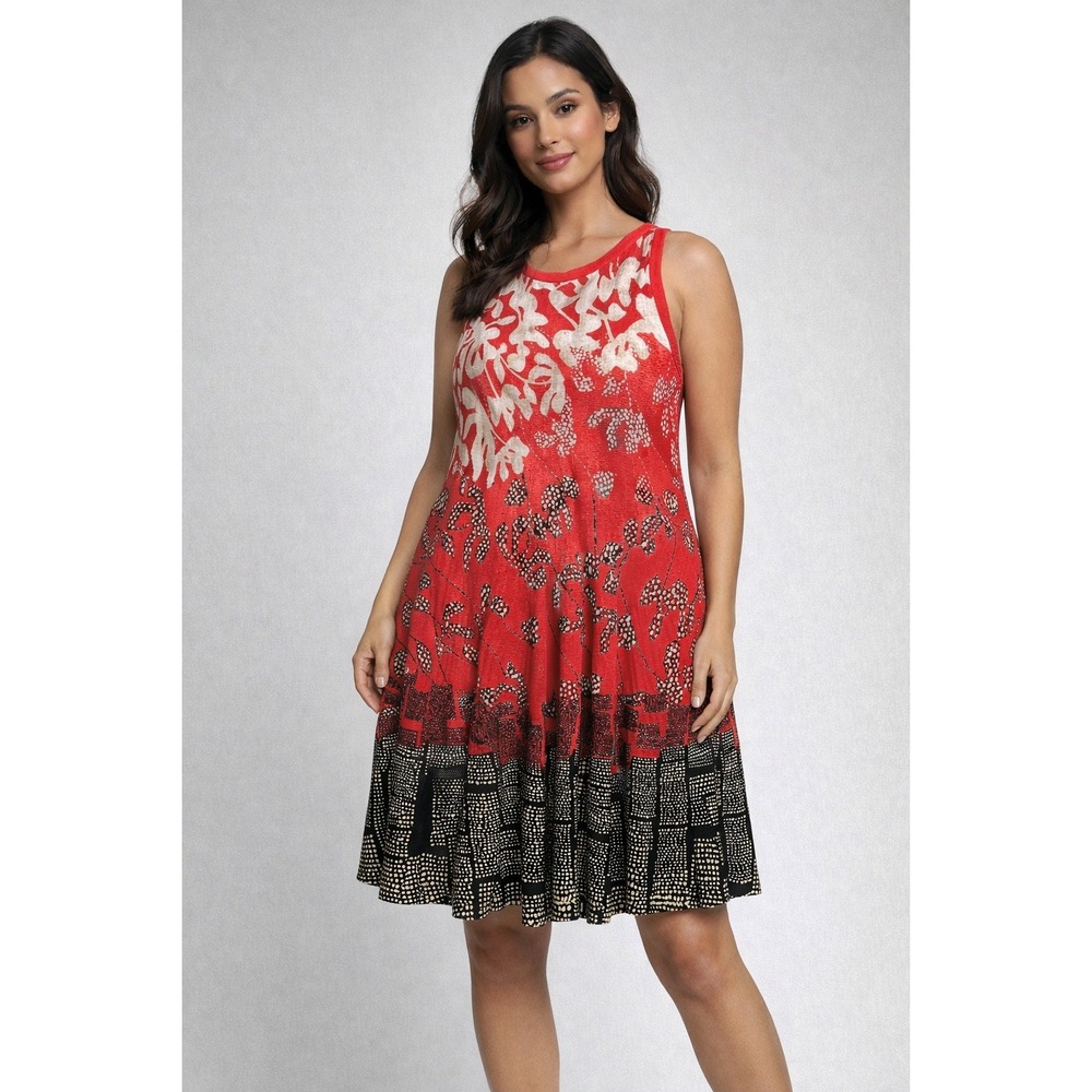 NIC+ZOE Red‎ Floral Geometric Border Knit Sleeveless Fit Flare Dress XL